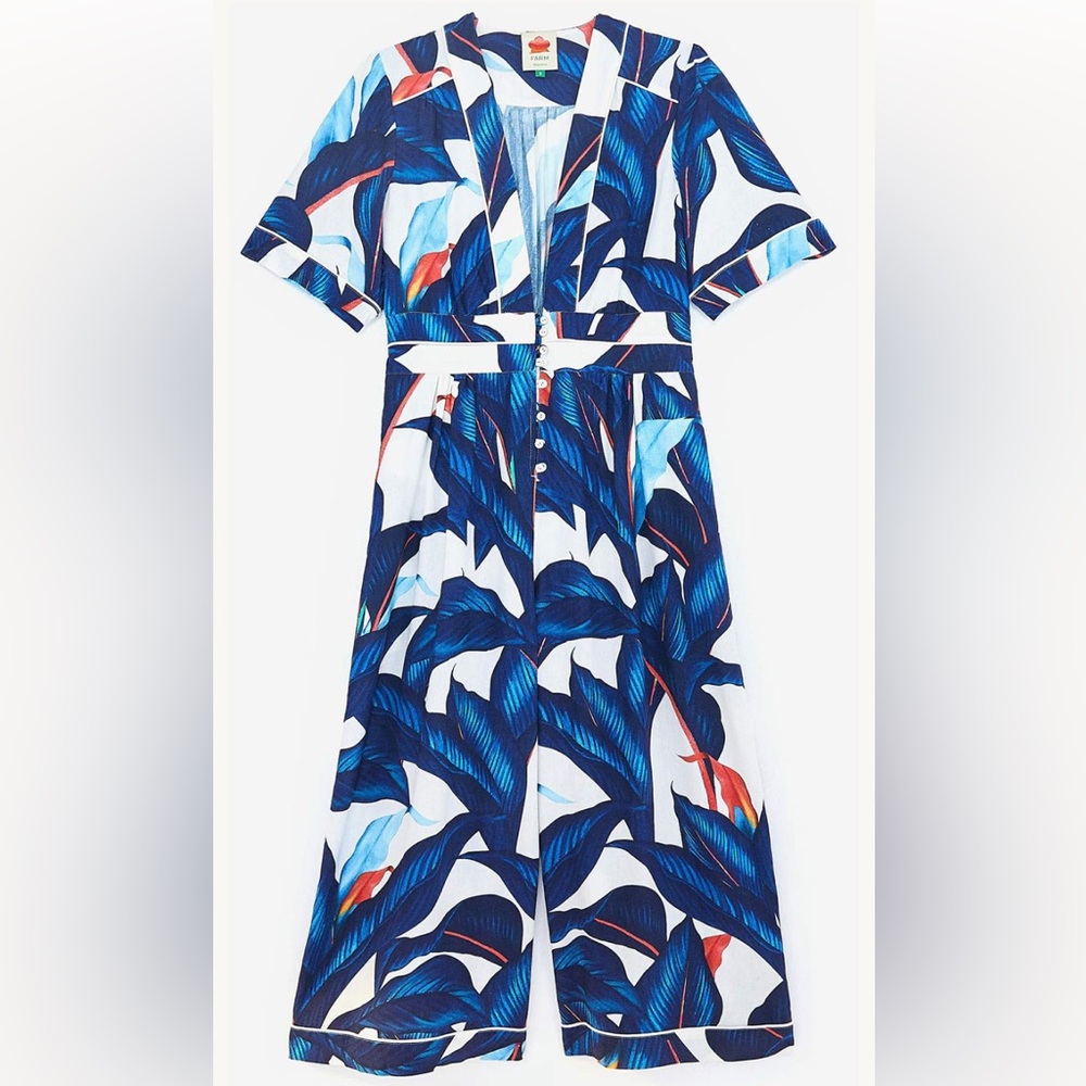 Farm Rio tropical print linen viscous blend jumpsuit vacation summer boho